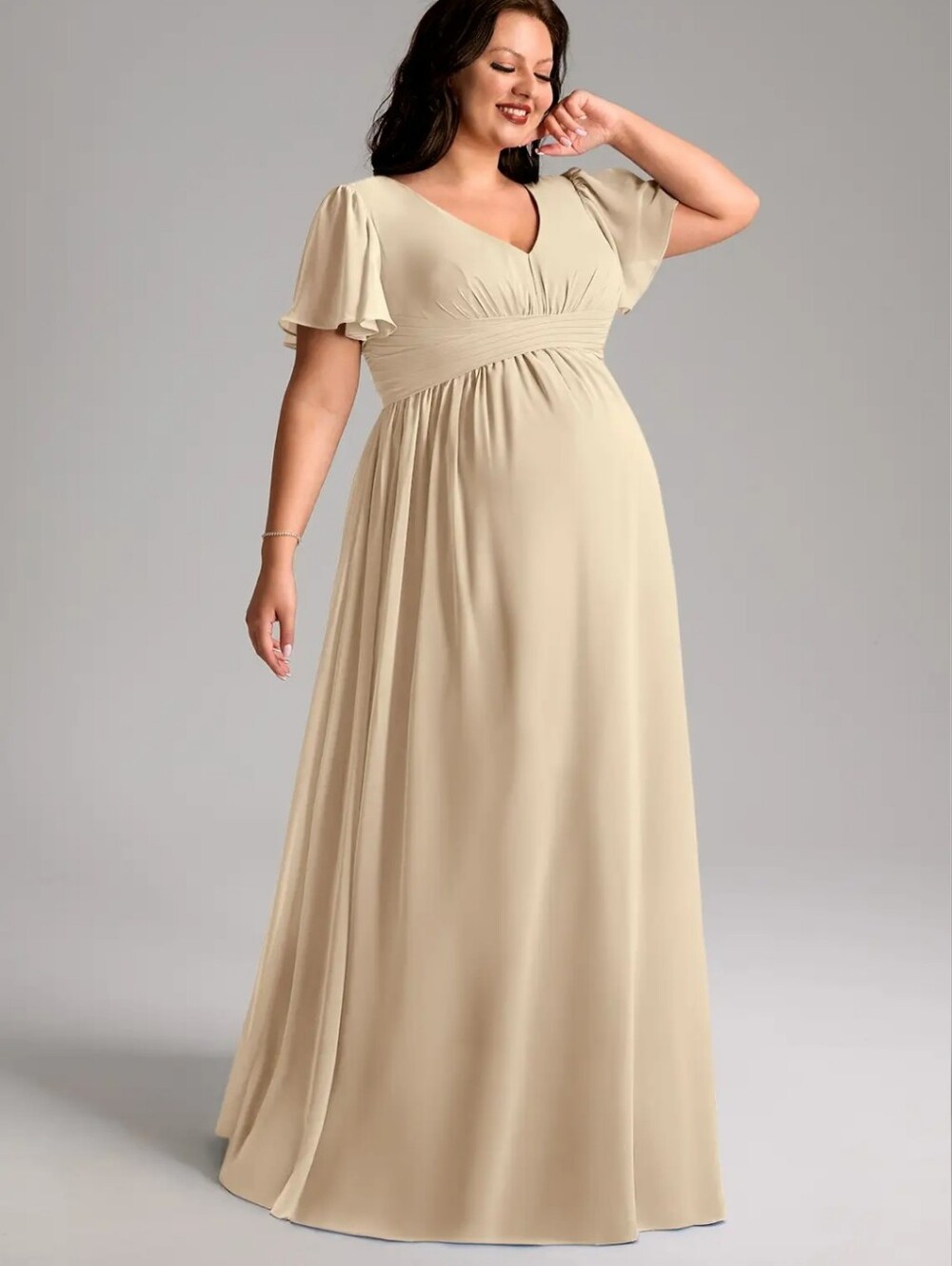 Azazie Verna Maternity A-Line V-Neck Ruched Chiffon Floor-Length Dress Champagne